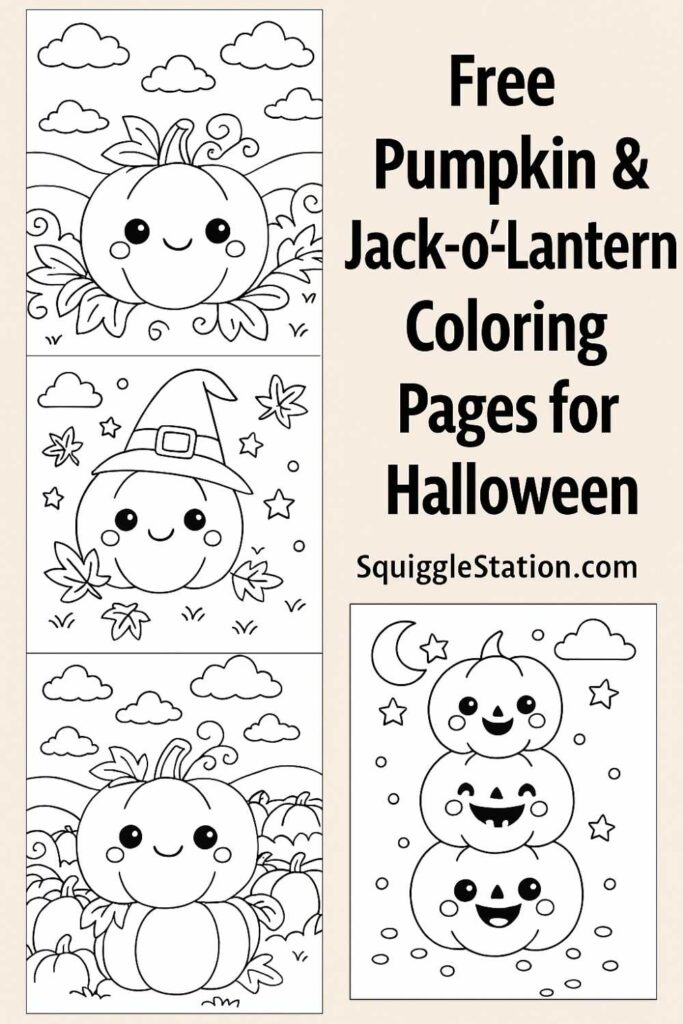 Tall Pinterest graphic showing all five printable pumpkin and jack-o’-lantern coloring pages in cute kawaii style for kids