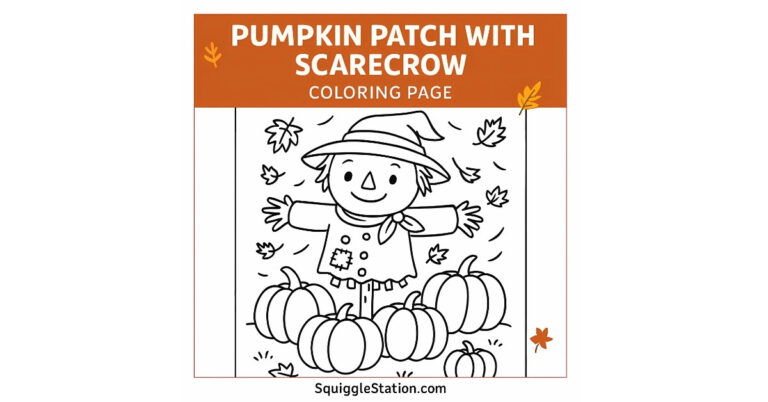 Free Pumpkin Patch with Scarecrow Coloring Page featuring a happy scarecrow and pumpkins in a fall scene.