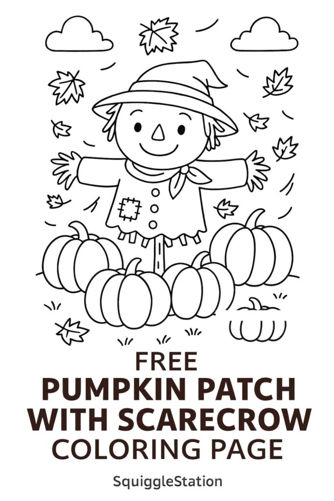 Free Pumpkin Patch with Scarecrow Coloring Page – fun fall printable for kids with a happy scarecrow and pumpkins.
