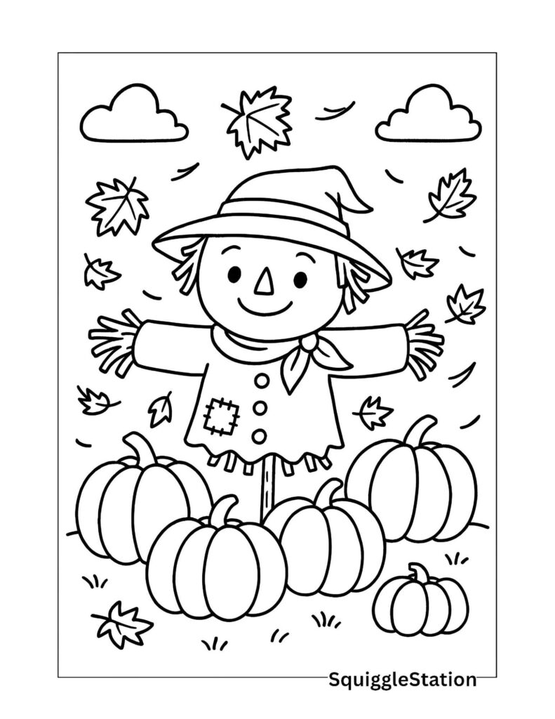 Pumpkin Patch with Scarecrow Coloring Page included in Autumn Leaves and Pumpkins roundup, featuring pumpkins and festive scarecrow.