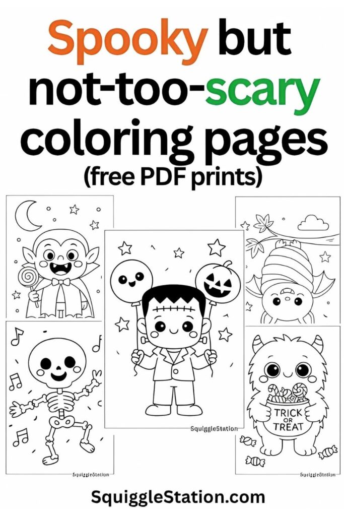 Set of five cute Halloween coloring pages for kids, including a happy dancing skeleton, cozy bat in a blanket, smiling Frankenstein, goofy vampire with lollipop, and friendly monster holding a trick-or-treat candy bucket. Perfect free printables for fun, not-too-scary Halloween activities.
