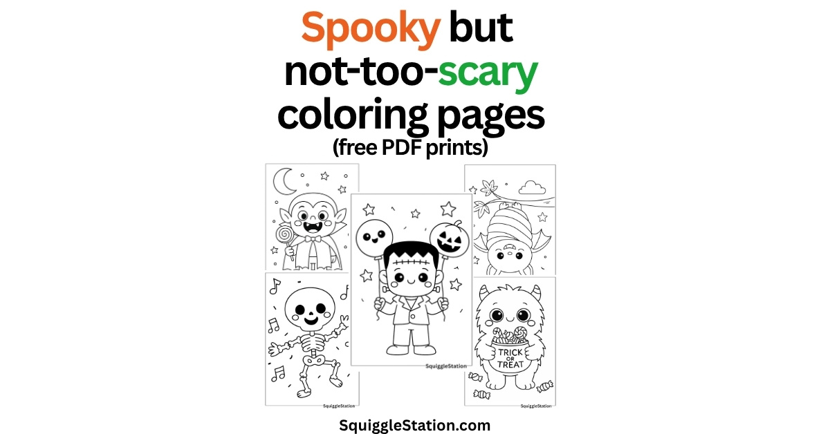 Collection of five free printable Halloween coloring pages for kids, featuring a happy dancing skeleton, cute bat in a blanket, smiling Frankenstein, goofy vampire with lollipop, and friendly monster with a trick-or-treat candy bucket.