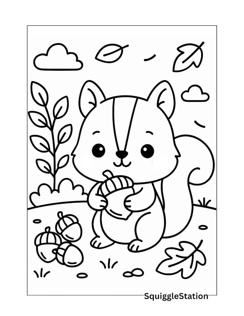 Free printable kawaii squirrel gathering nuts coloring page, part of a cute autumn animals coloring pages set