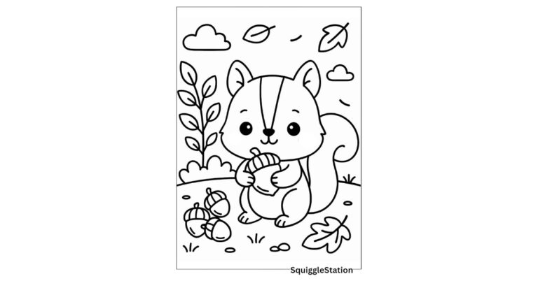 Free printable kawaii squirrel gathering nuts coloring page with autumn leaves for kids