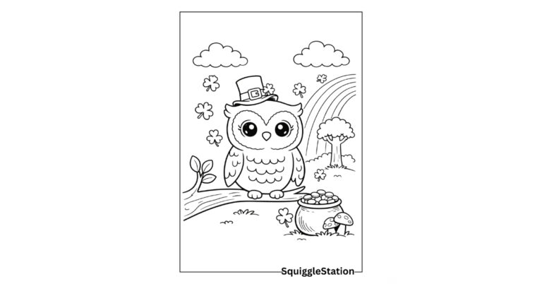 St Patrick’s Day woodland animals coloring pages featuring cute fox, deer, owl, squirrel, and badger printables for kids