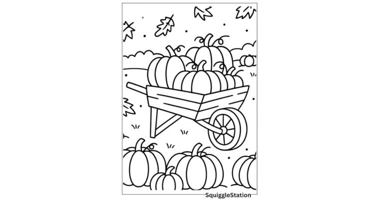 Wheelbarrow of Pumpkins Coloring Page (free printable PDF)