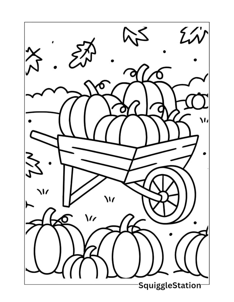 Wheelbarrow of Pumpkins Coloring Page included in Autumn Leaves and Pumpkins roundup – rustic fall printable.