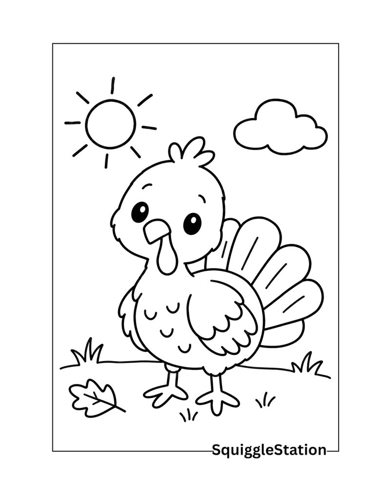 Baby turkey coloring page with a cute young turkey in a simple outdoor setting.