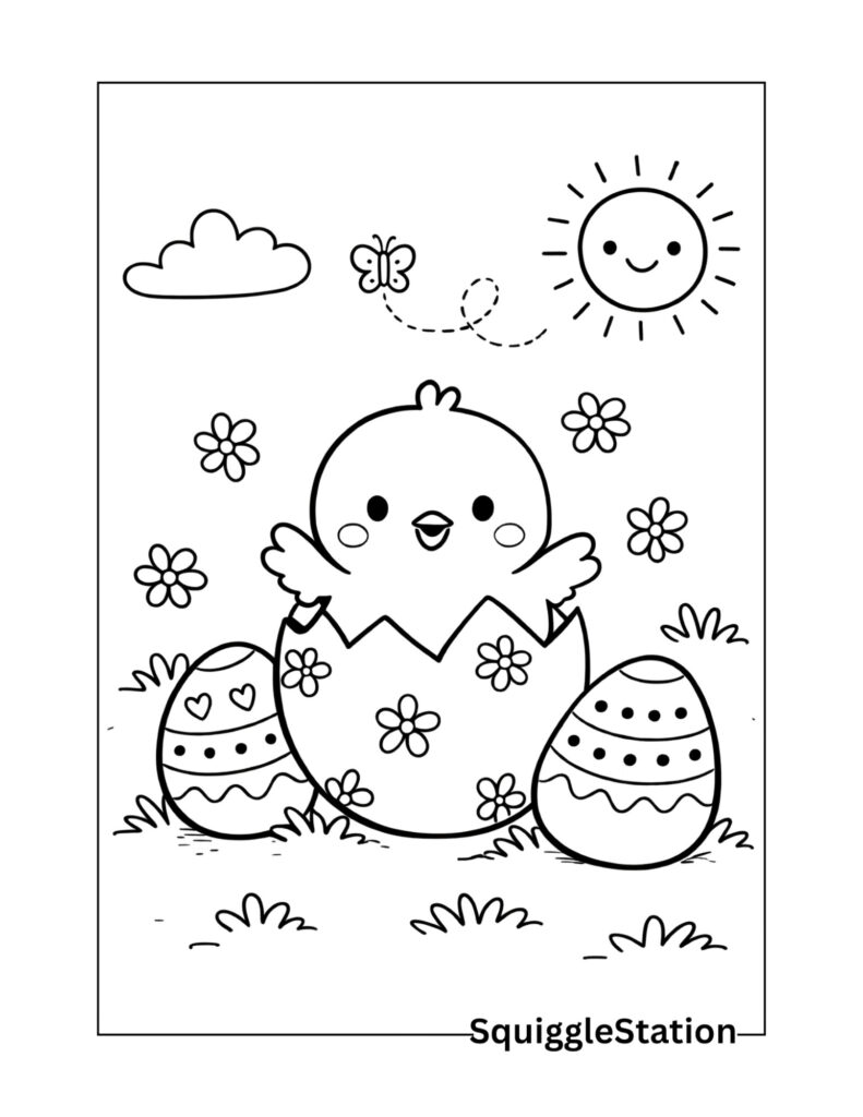 Cute baby chick Easter coloring page with a simple and cheerful look