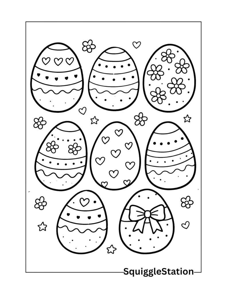 Cute Easter coloring page featuring simple egg shapes and decorations