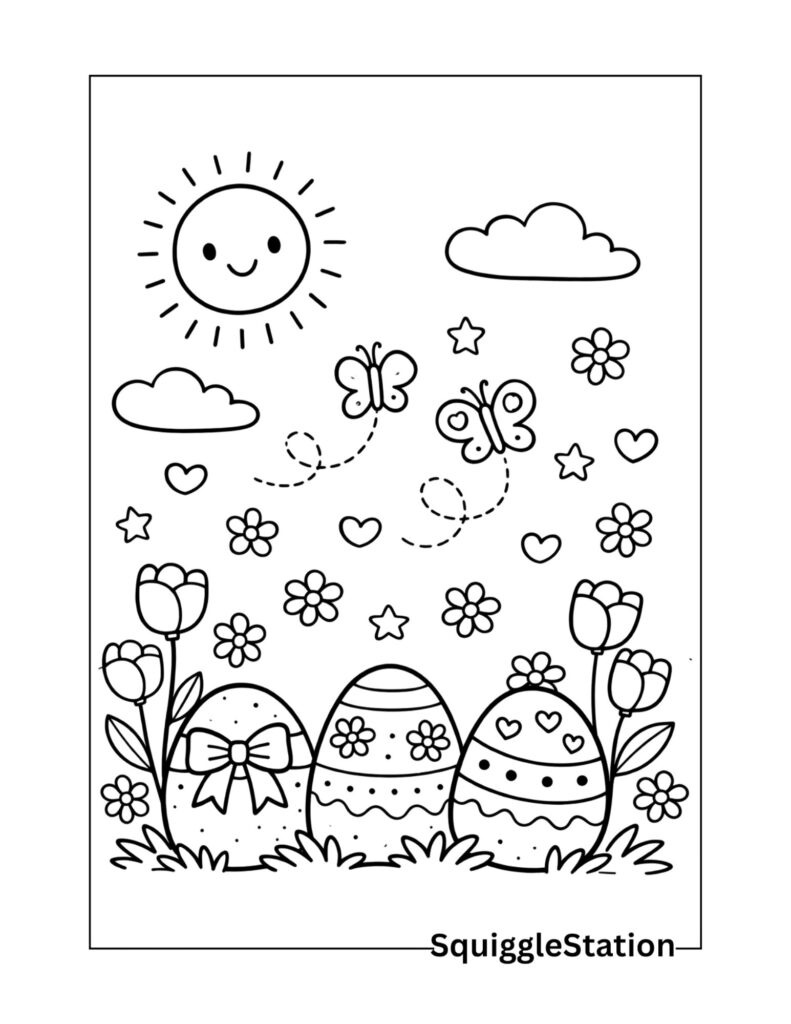 Cute spring-inspired Easter coloring page with flowers and simple details