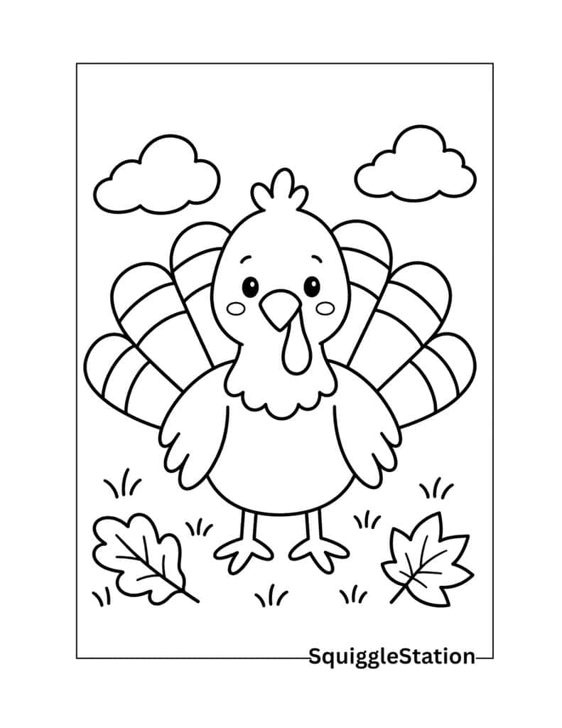 Cute turkey coloring page with an adorable turkey and simple nature details.