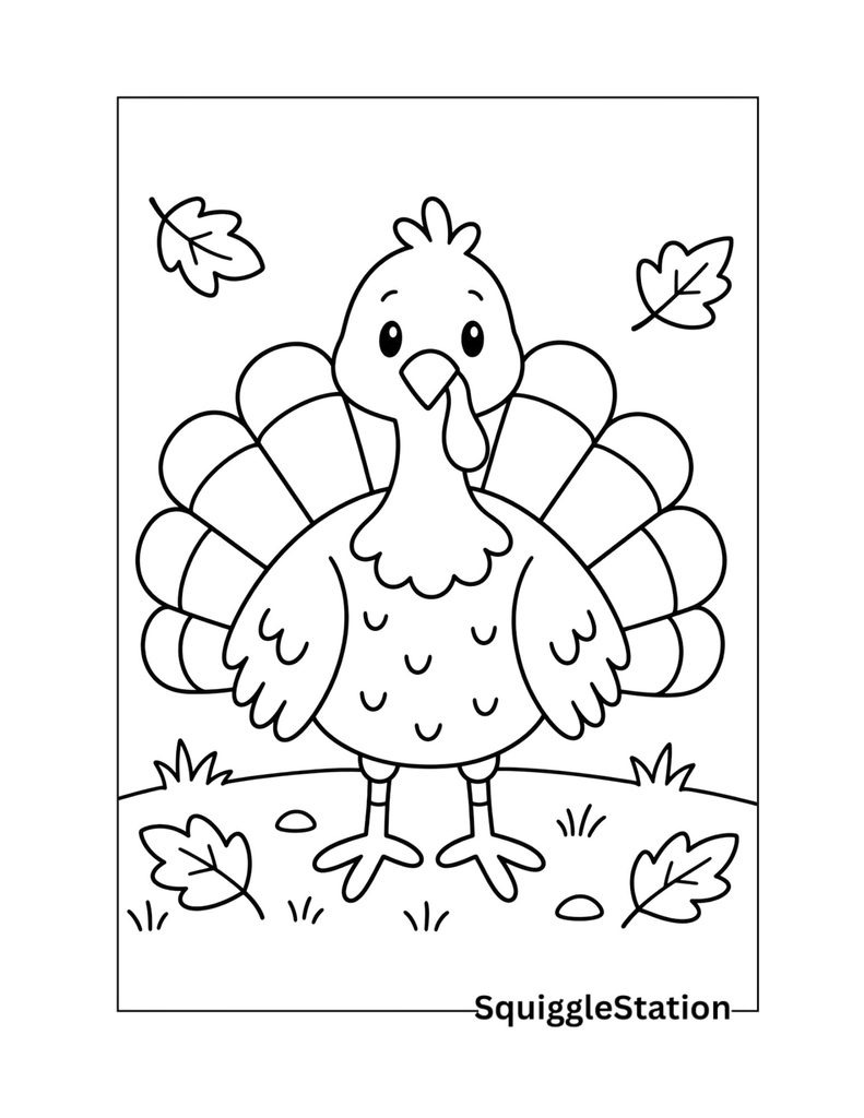 Easy turkey coloring page for kids with a cute turkey and simple, easy-to-color details.