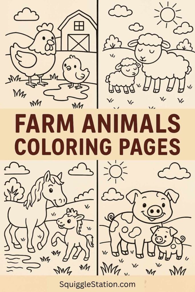 Free farm animals coloring pages printable for kids — cute barnyard coloring sheets featuring cows, pigs, chickens, horses, sheep, and more easy fun printables for home or classroom activities.