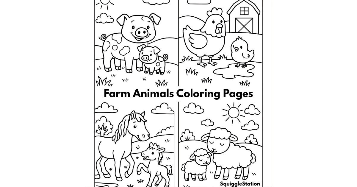 free farm animals coloring pages for kids — printable barnyard coloring sheets featuring cows, pigs, chickens, horses, and sheep in cute cartoon style