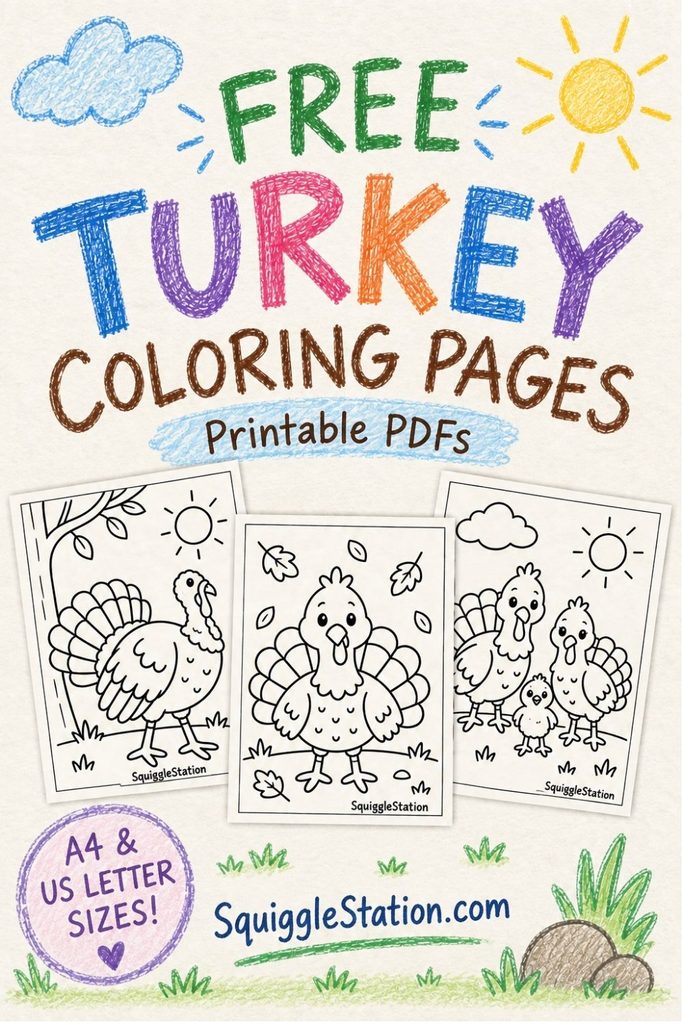 Free printable turkey coloring pages for kids featuring cute, simple, easy, and woodland turkey designs.