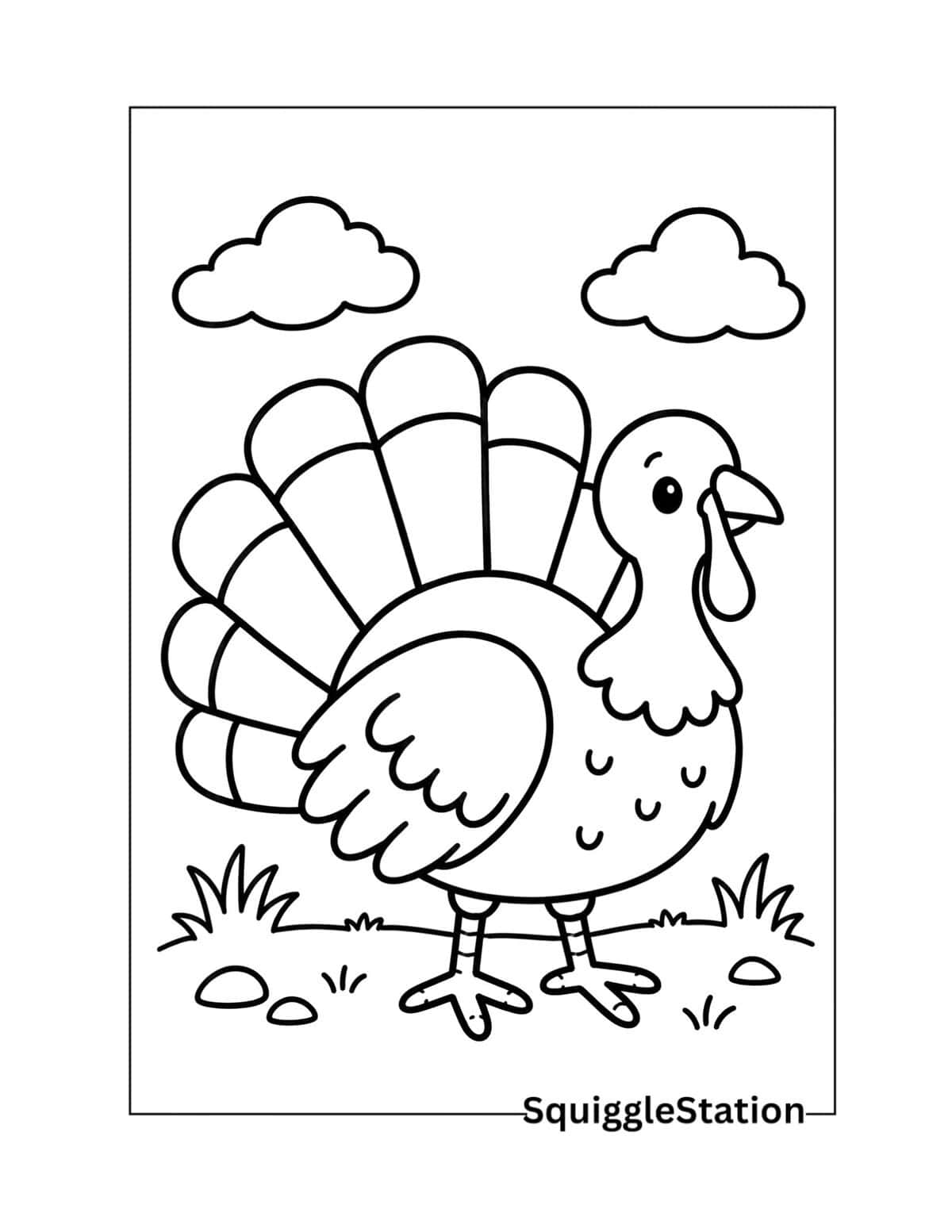 Simple turkey coloring page with a cute turkey, bold outlines, and large easy-to-color spaces.