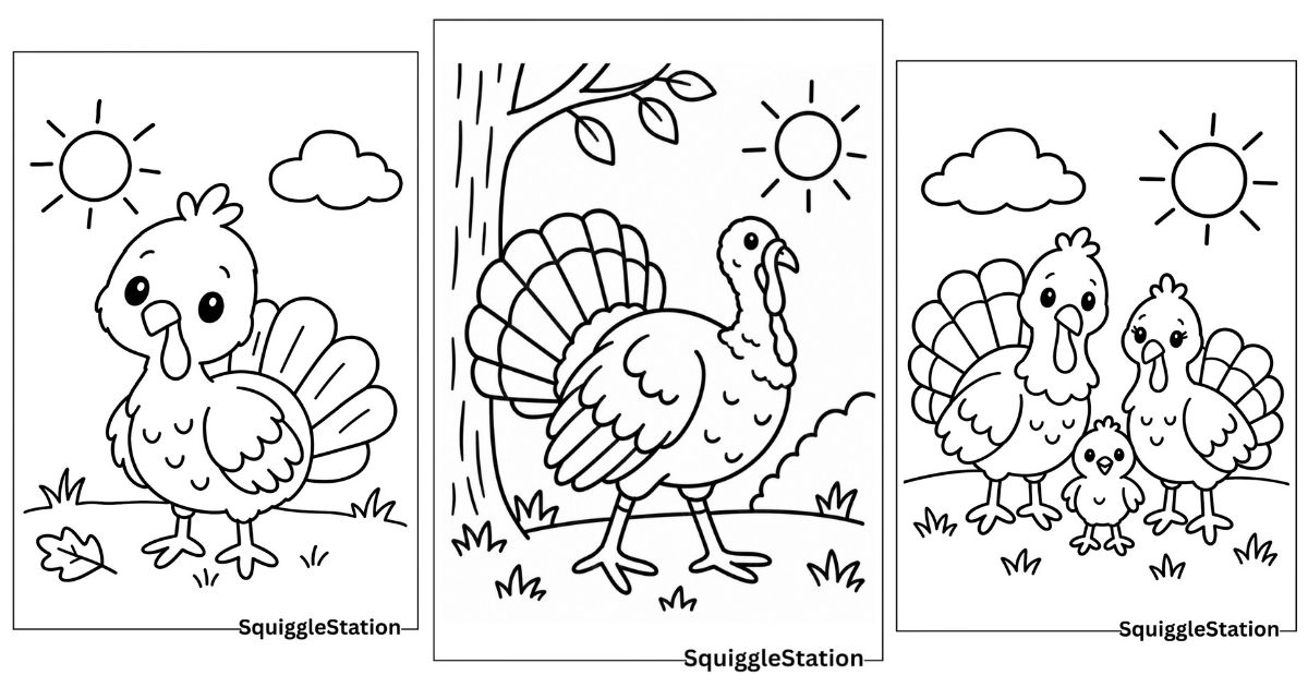 Free printable turkey coloring pages for kids with cute, simple, and easy turkey designs.