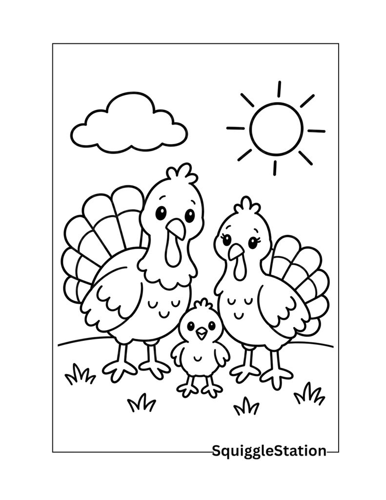 Turkey family coloring page with two adult turkeys and a baby turkey together outdoors.