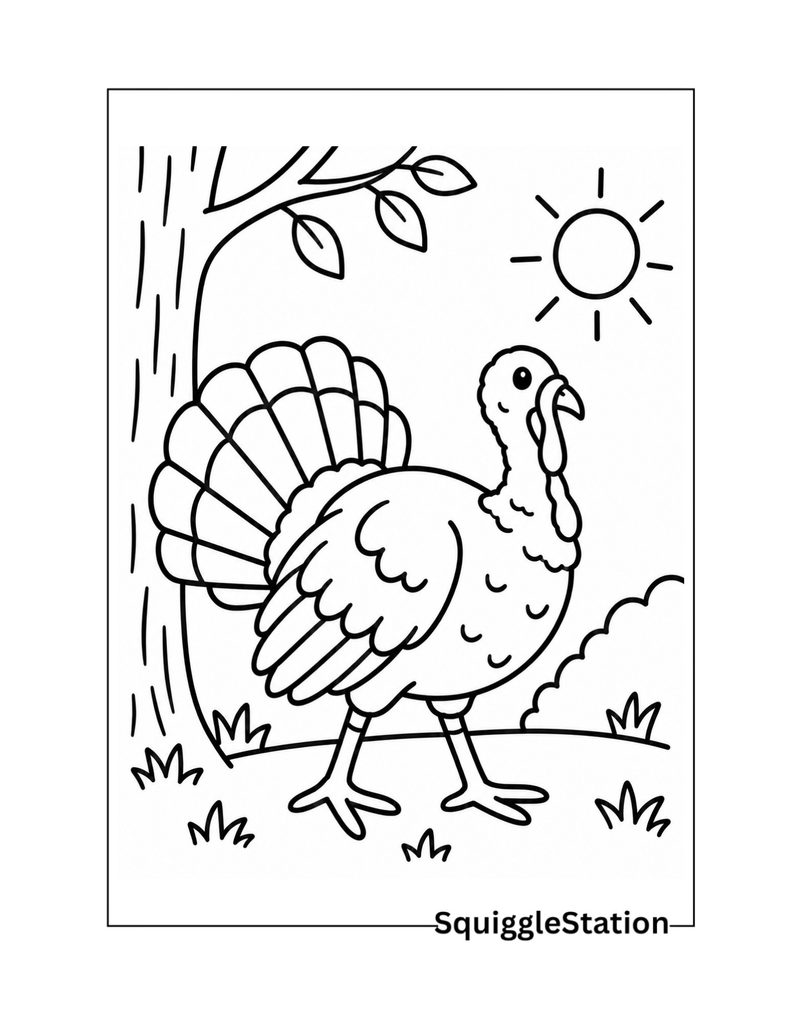 Wild turkey coloring page featuring a turkey exploring its natural outdoor habitat.