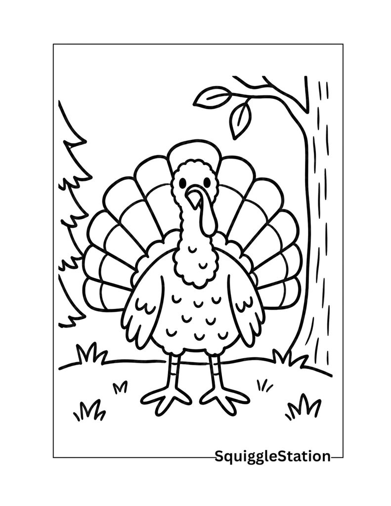 Woodland turkey coloring page featuring a turkey in a simple forest setting with nature details.