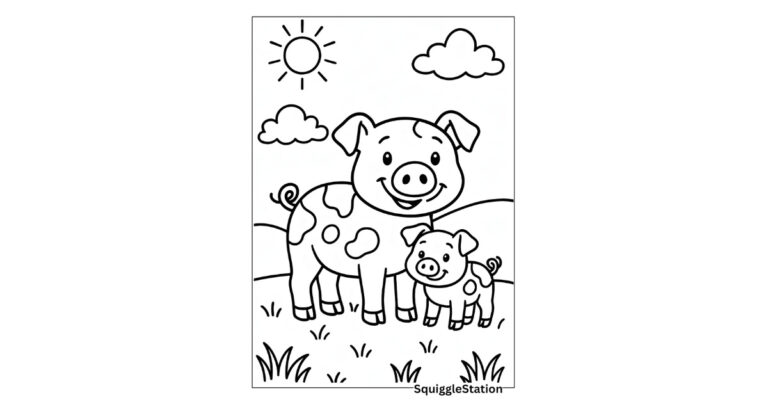 adorable pig coloring pages for kids — free printable farm animal coloring sheets featuring cute cartoon pigs playing in the mud and barnyard scenes