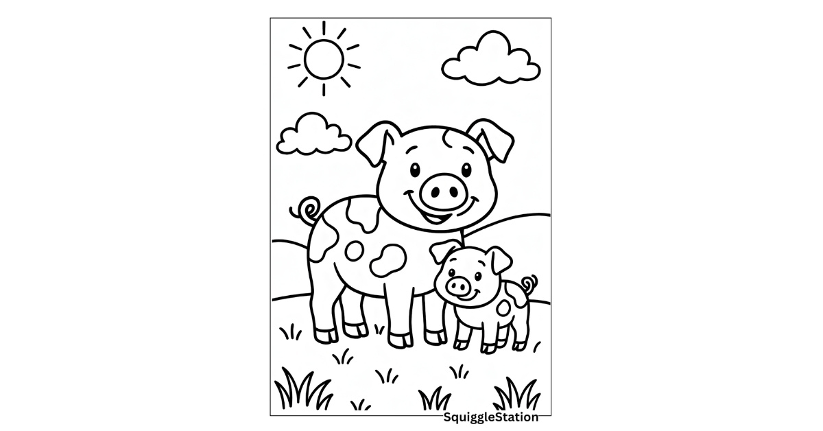adorable pig coloring pages for kids — free printable farm animal coloring sheets featuring cute cartoon pigs playing in the mud and barnyard scenes