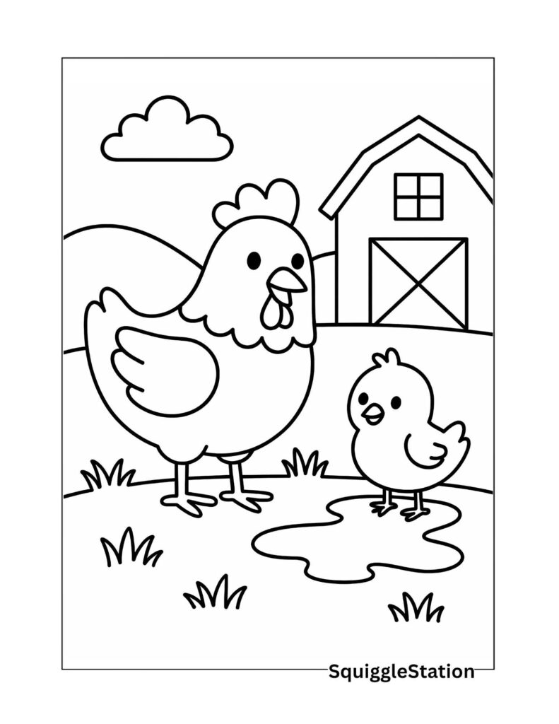 chicken and chicks coloring page free printable for kids — cute farm animal coloring sheet featuring a mother hen and baby chicks near a barn