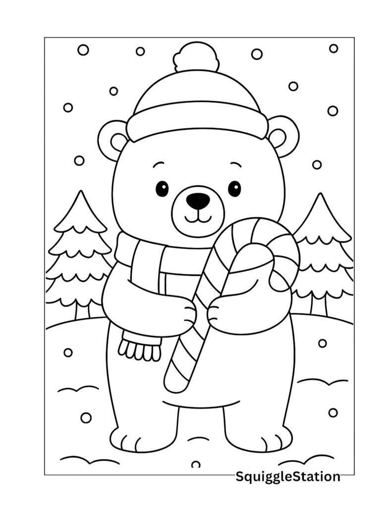 Preview of a cute polar bear Christmas coloring page featuring a polar bear holding a candy cane in a snowy scene from the Christmas animal coloring pages collection.