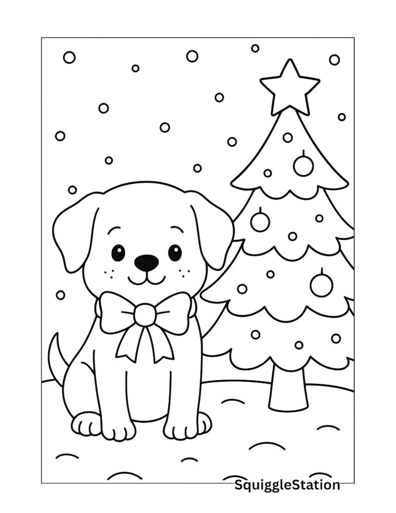 Preview of a cute Christmas puppy coloring page featuring a boy dog sitting beside a decorated Christmas tree from the Christmas animal coloring pages collection.