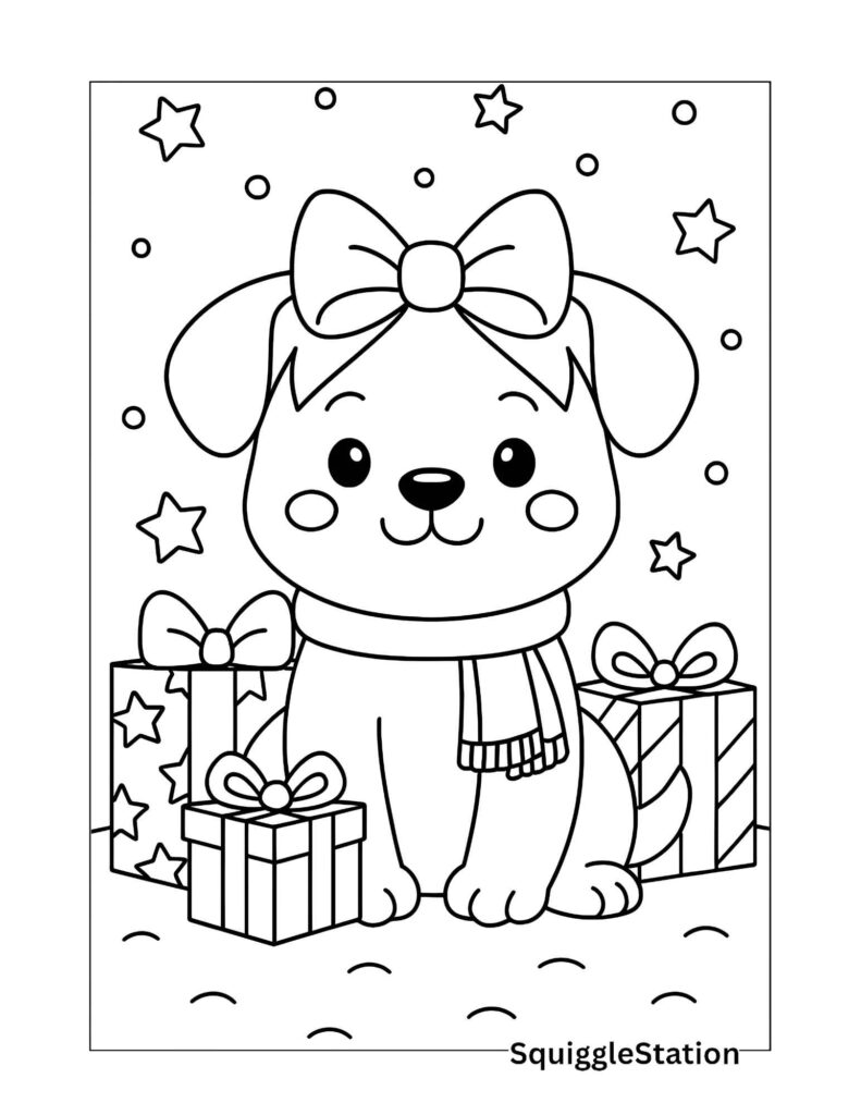 Cute Christmas puppy coloring page for kids featuring a puppy with a big bow sitting among wrapped presents and stars.
