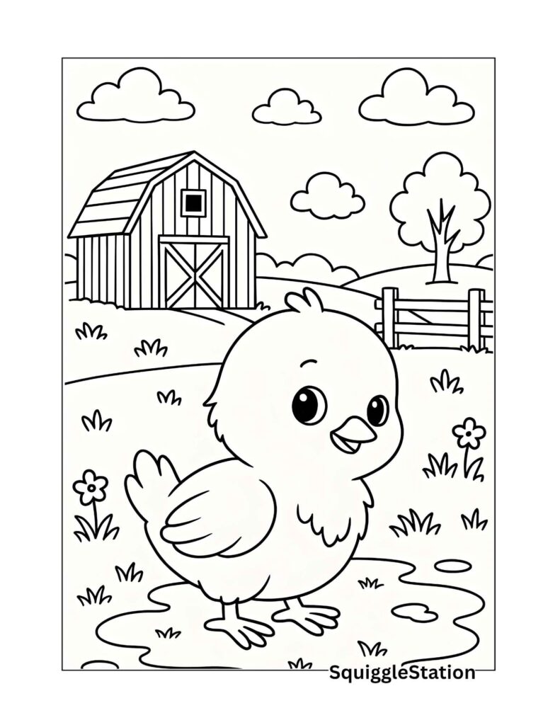 cute baby chick coloring page free printable for kids — fun farm animal coloring sheet featuring a smiling cartoon chick in front of a barn, fence, and clouds