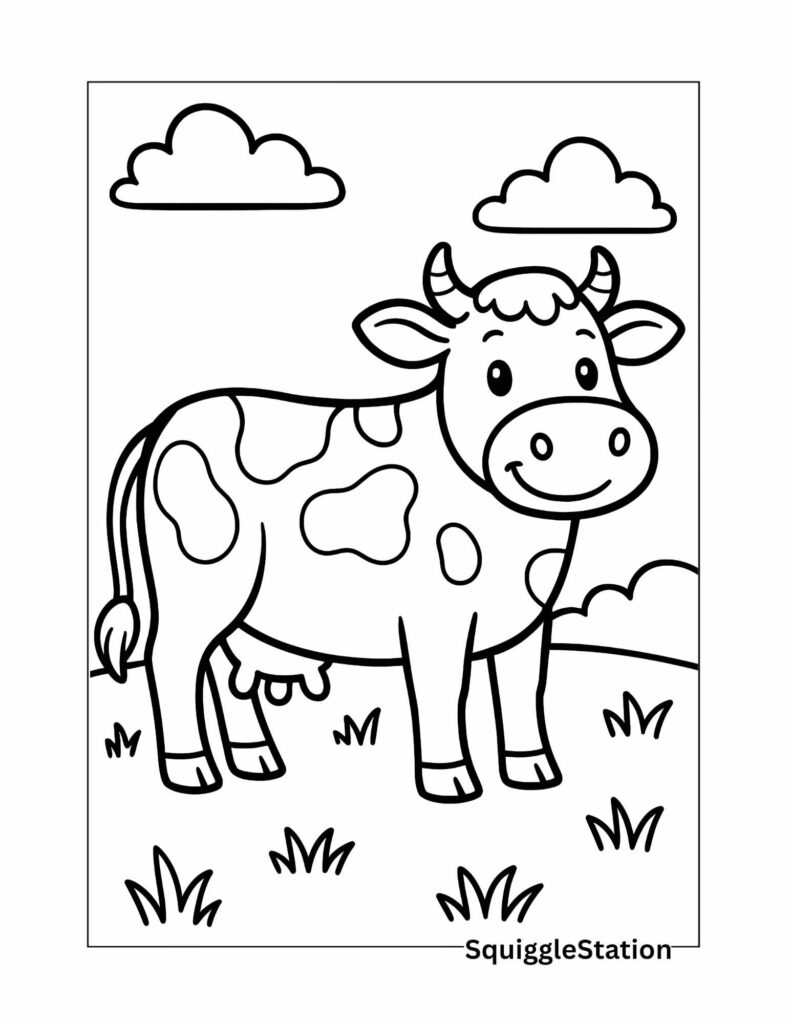 cute cow coloring page for kids to print and color — free farm animal printable with thick black outlines and friendly cartoon design