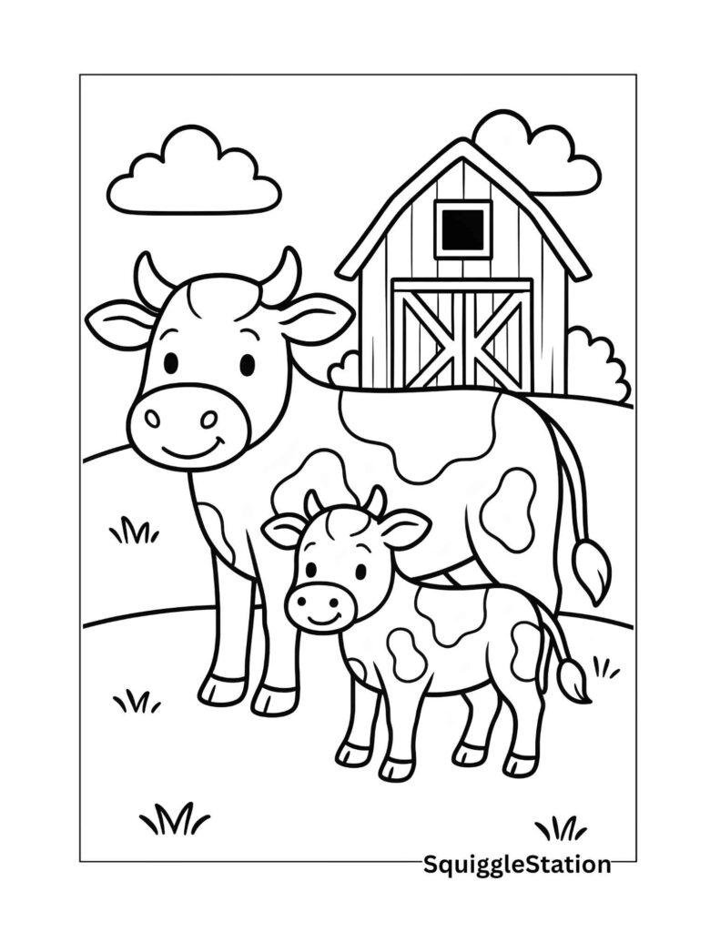 cute cow coloring pages free printable for kids — fun farm animal coloring sheet with friendly cartoon cow standing in the grass