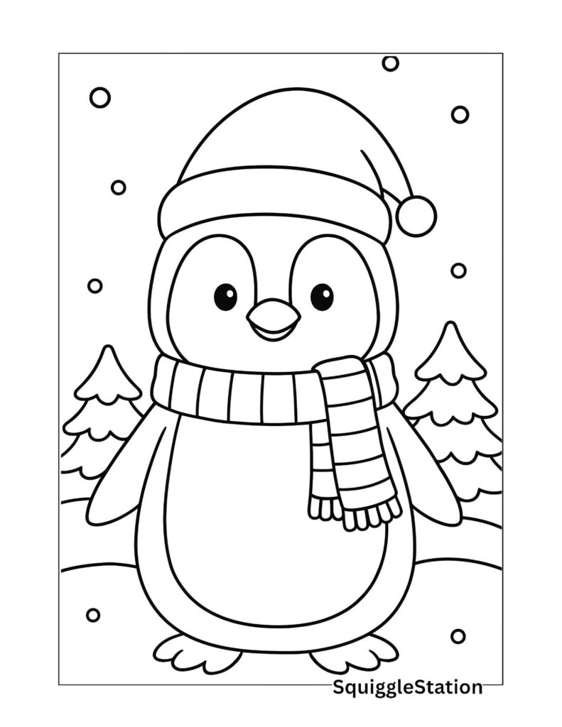This Christmas penguin coloring page for kids featuring a penguin in a winter hat and scarf standing in the snow with pine trees.