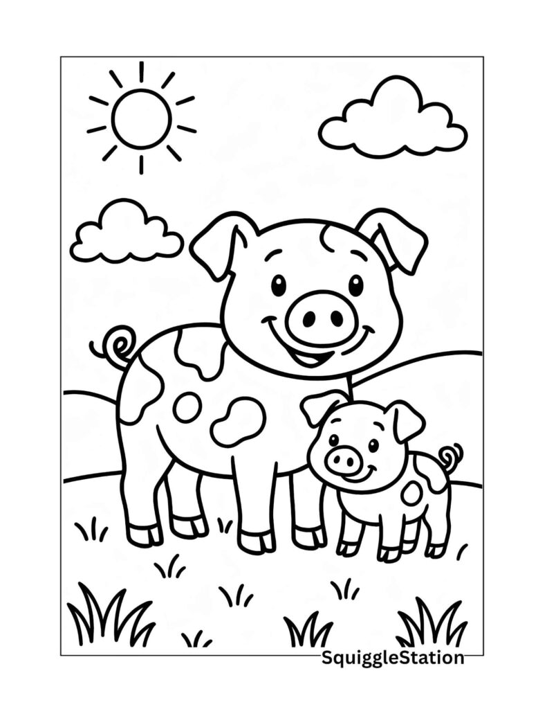cute pig coloring pages free printable for kids — fun farm animal coloring sheet featuring a smiling cartoon pig in a barnyard scene