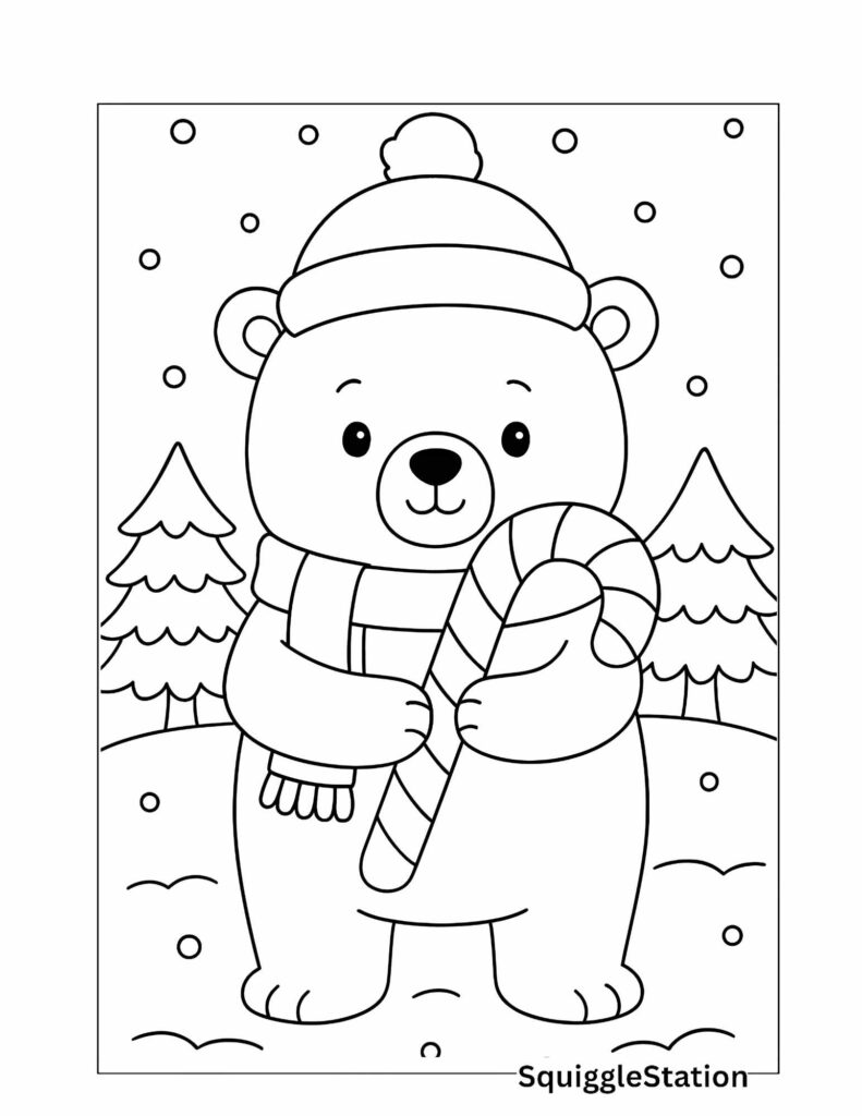 Cute polar bear Christmas coloring page for kids featuring a polar bear hugging a candy cane in a snowy winter scene.