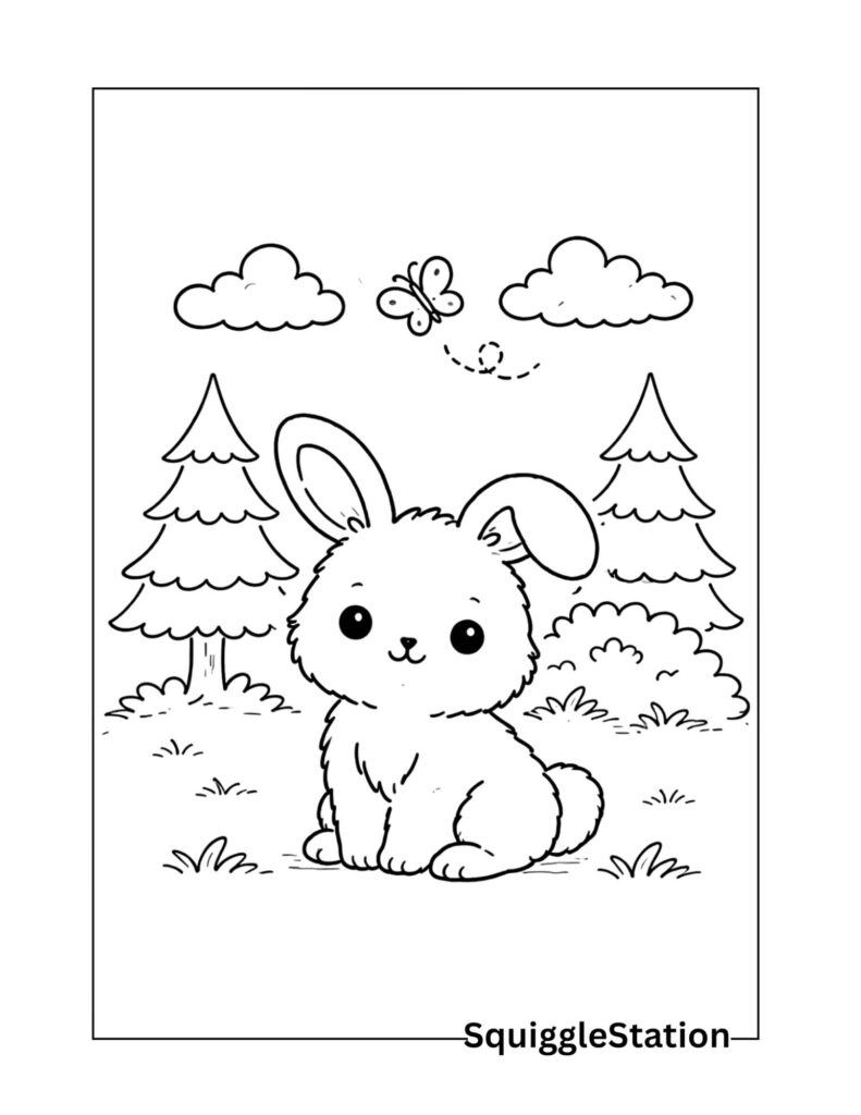 Cute rabbit coloring pages featuring an adorable bunny in a woodland meadow, free printables for kids.