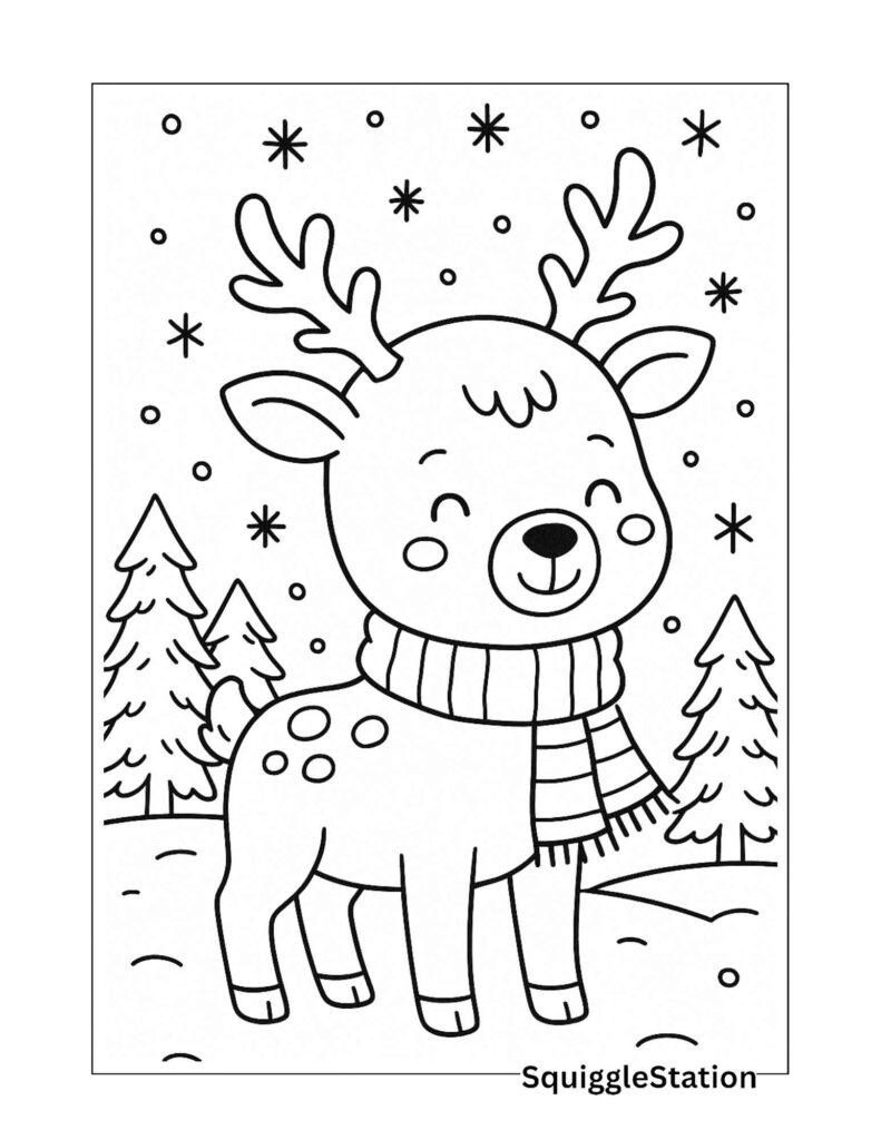 Cute baby reindeer wearing a scarf standing in the snow with pine trees and snowflakes – free printable Christmas reindeer coloring page for kids.