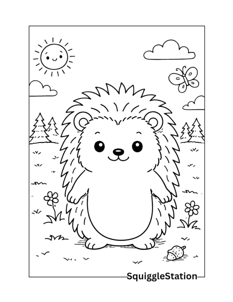 Cute woodland hedgehog coloring pages for kids, free printable hedgehog designs
