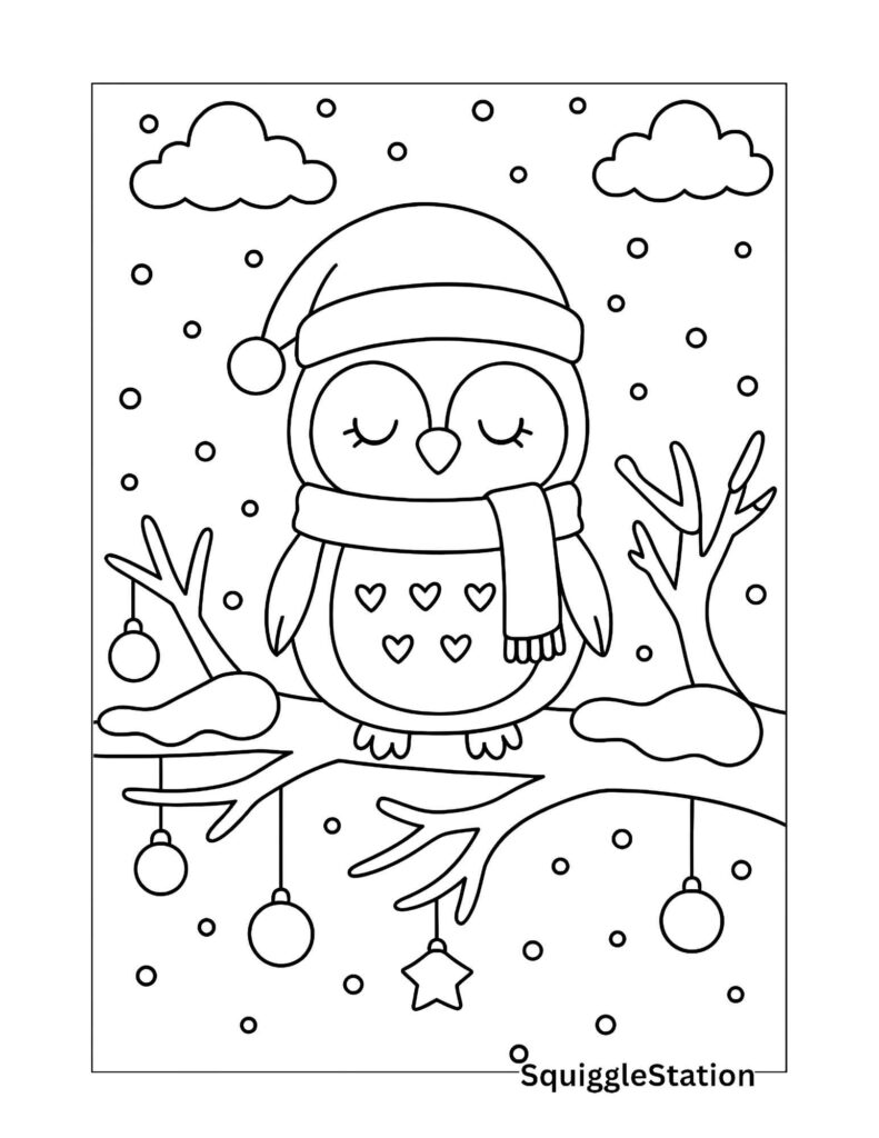 Cute festive owl coloring page for kids featuring an owl in a Santa hat sitting on a snowy tree branch with hanging ornaments and falling snowflakes.