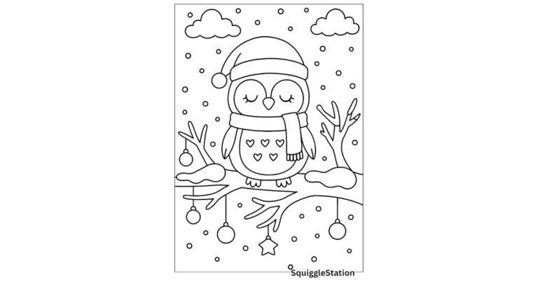 Free printable festive owl coloring pages for kids featuring cute owls sitting on snowy tree branches with ornaments, hats, and scarves.