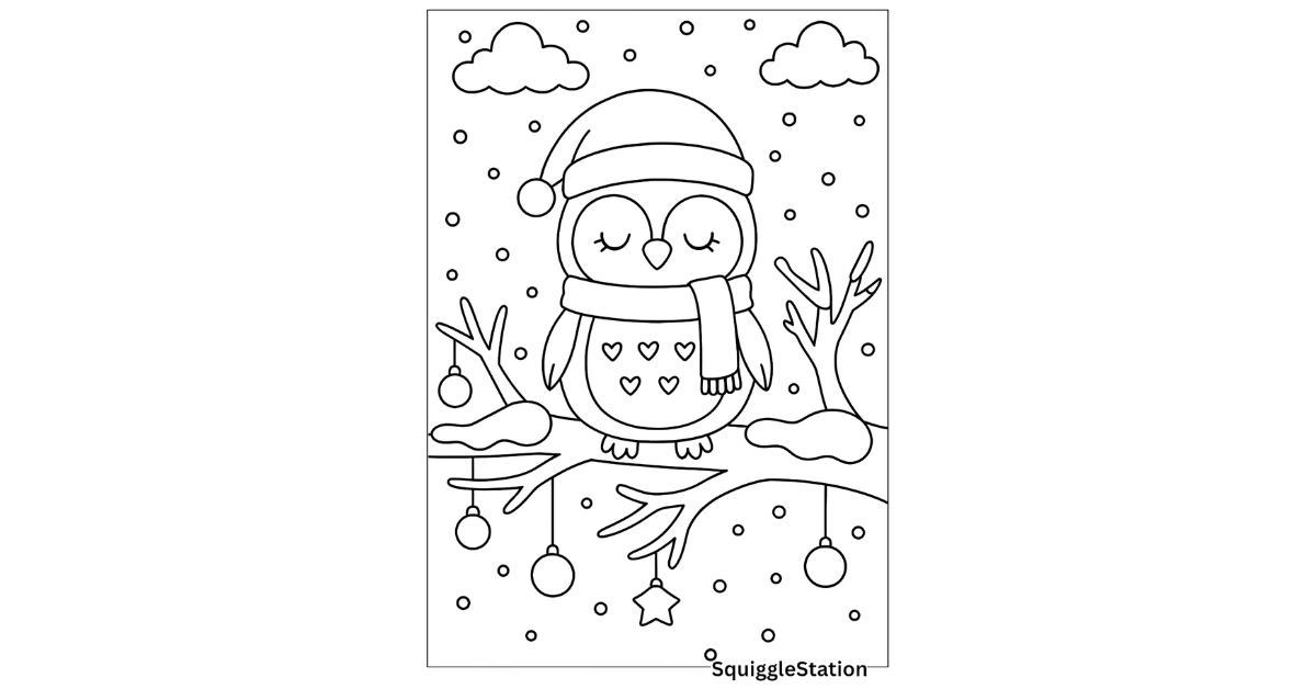 Free printable festive owl coloring pages for kids featuring cute owls sitting on snowy tree branches with ornaments, hats, and scarves.
