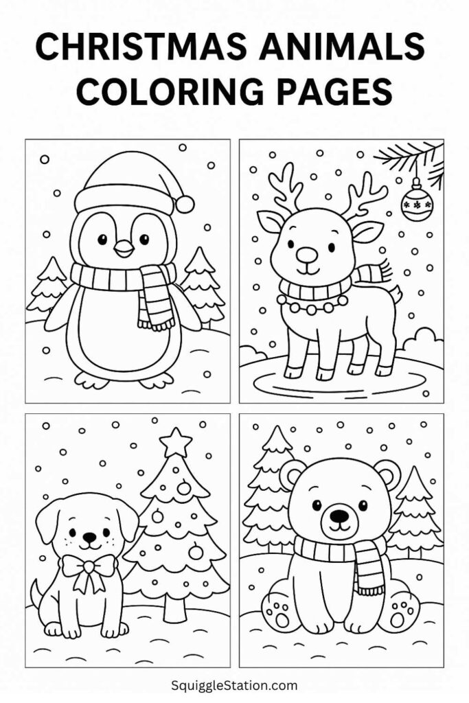 Free Christmas animal coloring pages printable for kids featuring cute penguins, reindeer, puppies, owls, and polar bears in snowy winter scenes.