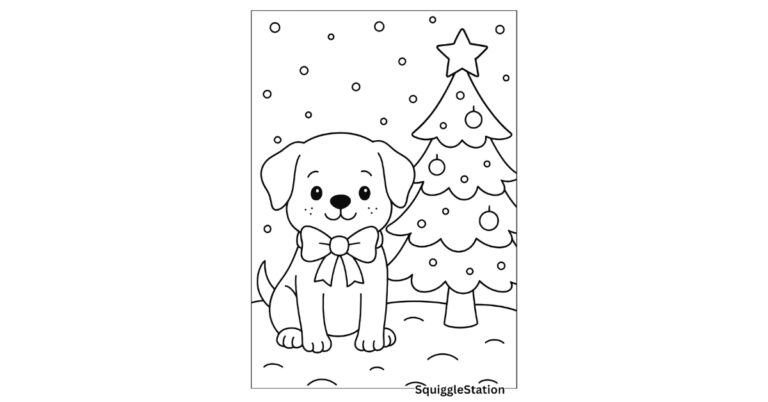 Free printable Christmas puppy coloring pages for kids featuring cute holiday dogs with presents, bows, and Christmas trees.
