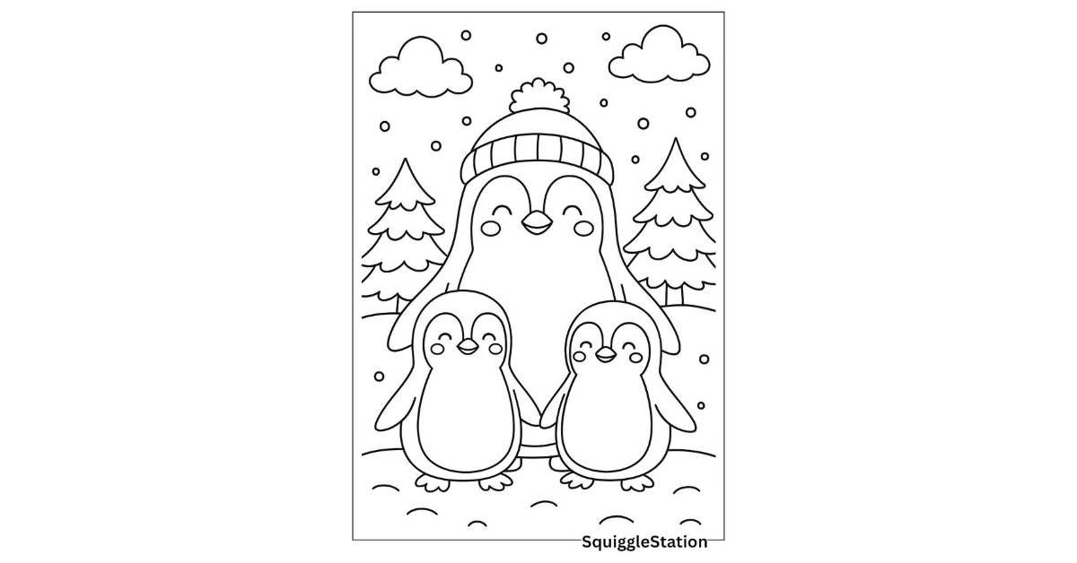 Free printable penguin coloring pages for kids featuring a cute penguin family in winter hats and scarves standing in the snow.