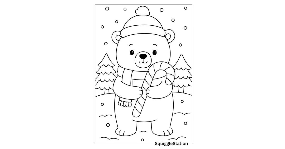 Free printable cute polar bear Christmas coloring pages for kids featuring cute polar bears with candy canes and snowy winter scenes.