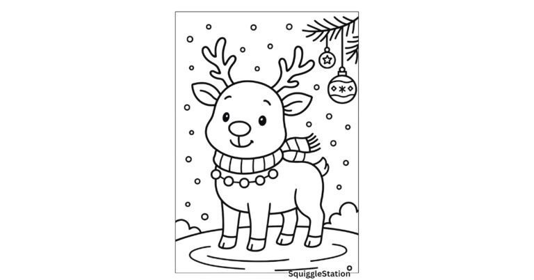 Free printable reindeer coloring pages for kids featuring cute Christmas reindeer in snowy winter scenes.