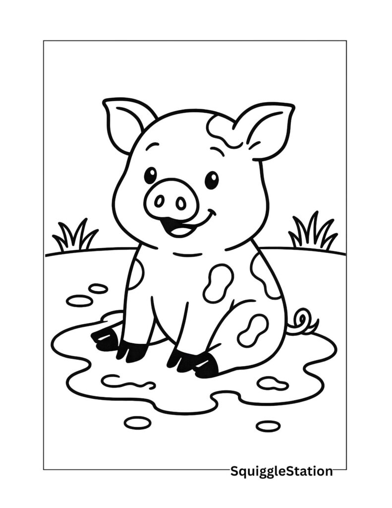 pig in mud coloring page free printable for kids — cute cartoon pig playing in a muddy puddle on the farm, fun farm animal coloring sheet