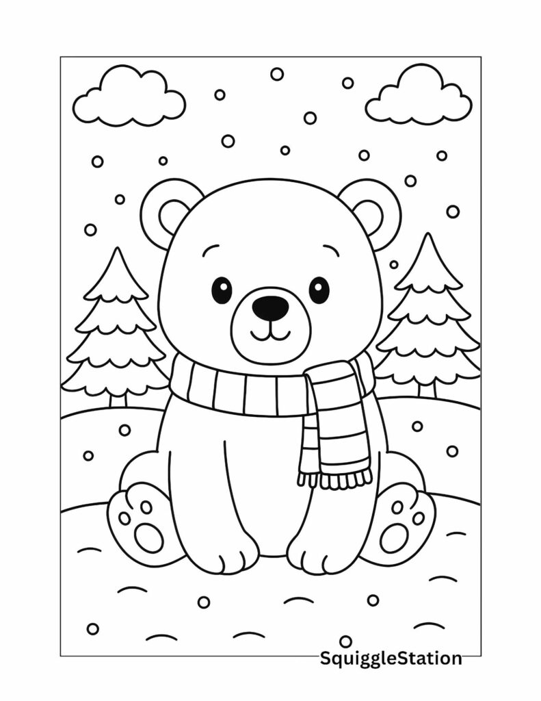 Free printable polar bear coloring page for kids featuring a cute polar bear sitting in the snow with pine trees.